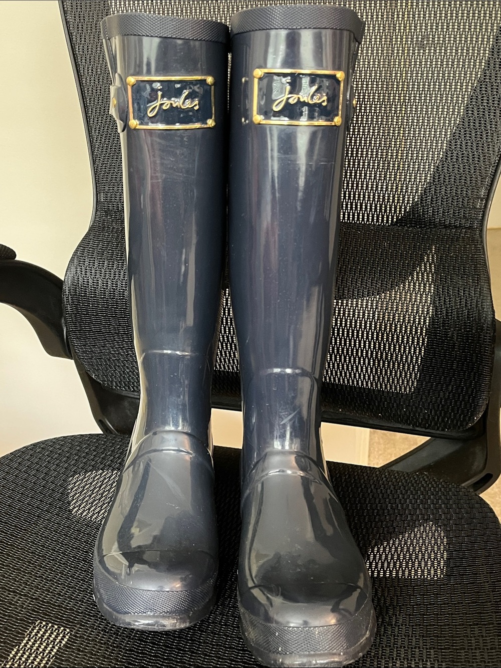 Joules Navy Gloss Tall Rain Boots with Gold Buckles
